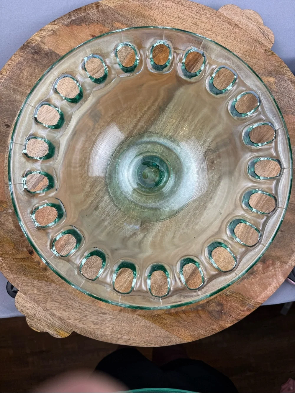 Vintage Green Glass Pedestal Console Bowl Open Lace Rim Cottagecore Decor